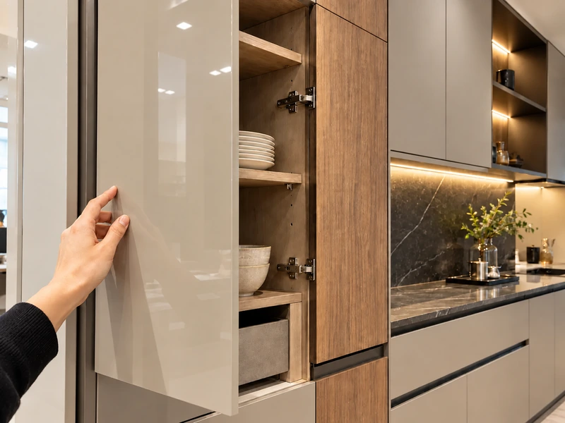 glossy beige lacquer kitchen cabinet door with wood grain interior and concealed hinges glossy beige lacquer kitchen cabinet door with wood grain interior and concealed hinges