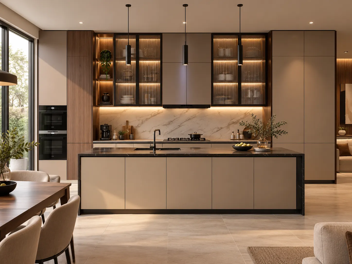 modern brown and beige lacquer kitchen cabinets with dark island countertop