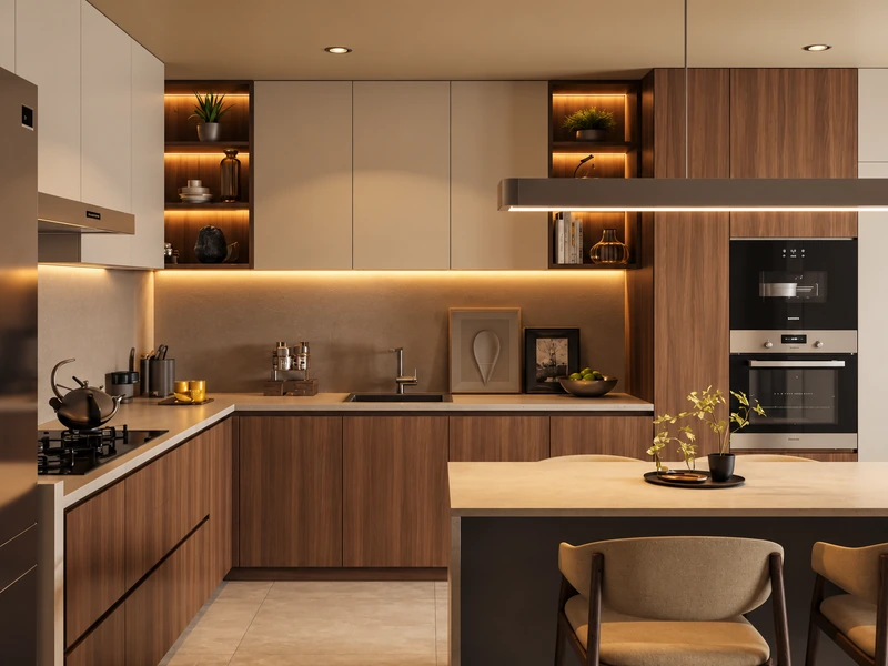 modern wood and beige lacquer kitchen cabinets with island and warm lighting modern wood and beige lacquer kitchen cabinets with island
