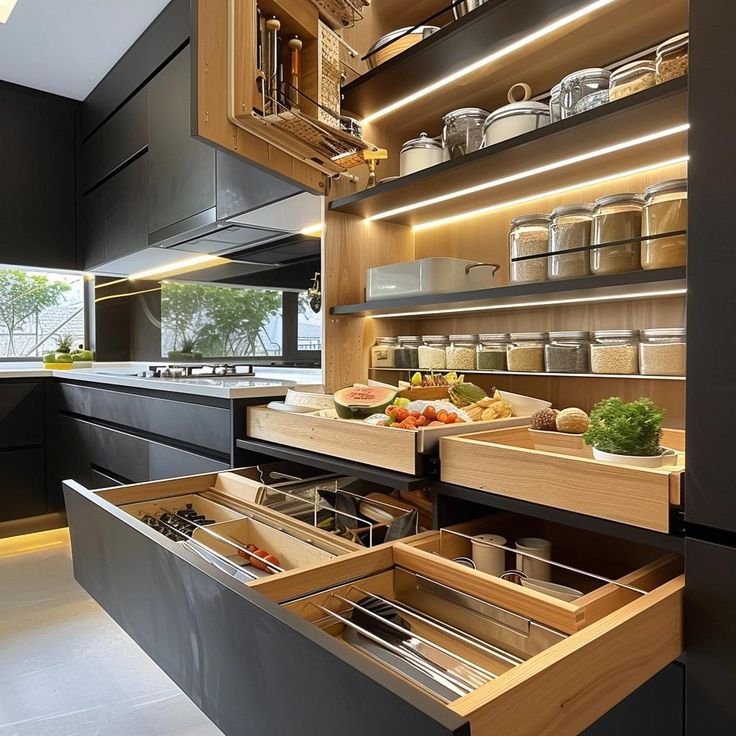 Custom kitchen pantry cabinet with pull-out drawers and illuminated shelves