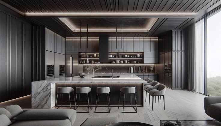 Dark kitchen cabinets with large island and modern ceiling lighting