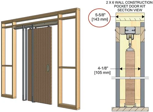 Pocket door framing diagram showing wall construction, track and door clearance dimensions