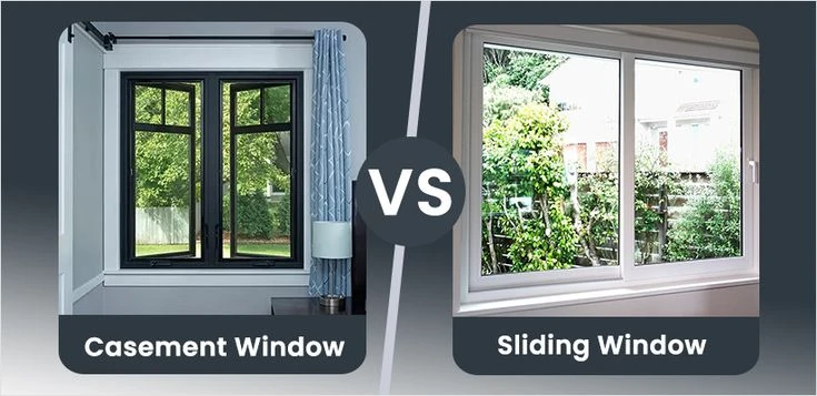 Casement vs sliding window comparison showing black casement windows and white horizontal sliding windows