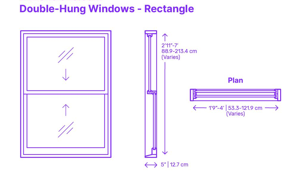 Double hung window size diagram showing front, side and plan views with typical dimensions