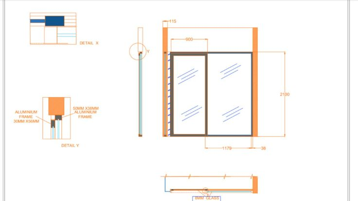 Glass pocket door technical drawing with aluminum frame and dimensions