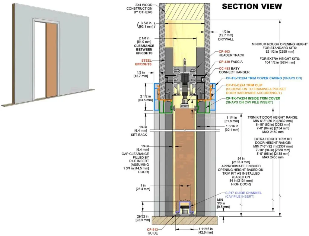 Pocket door wall section diagram showing frame, track, hardware and clearance dimensions