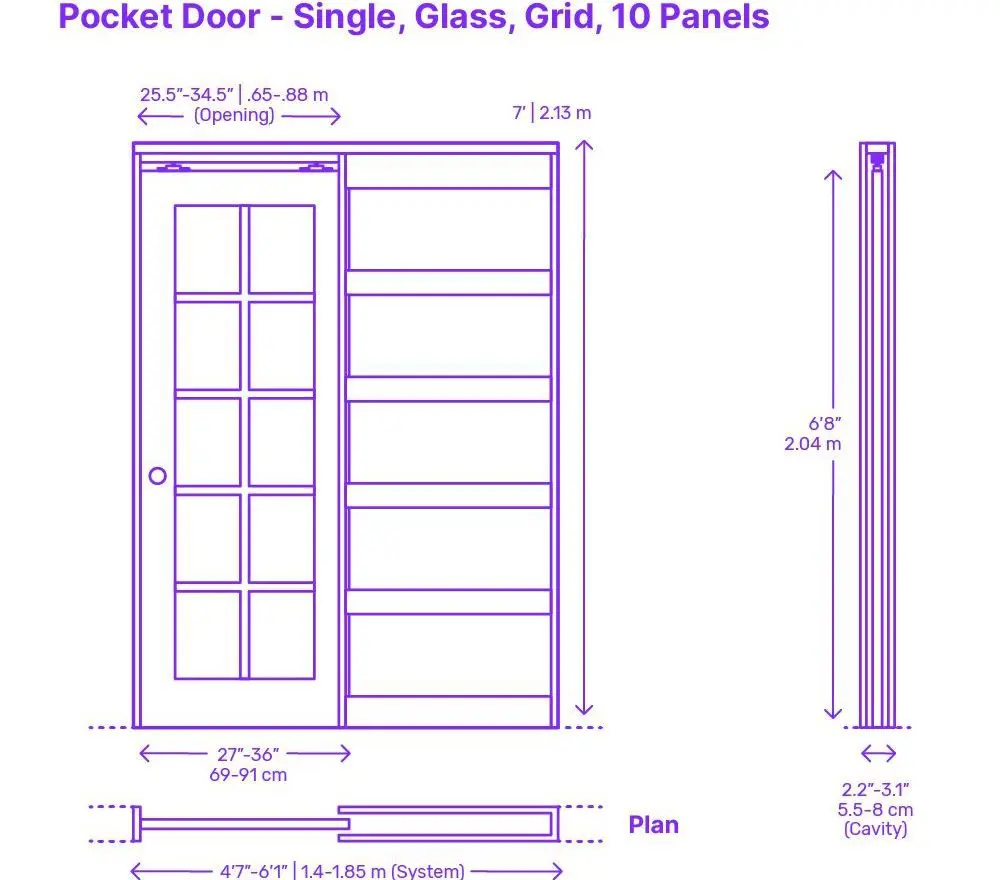 Single glass pocket door size diagram showing opening and wall cavity dimensions