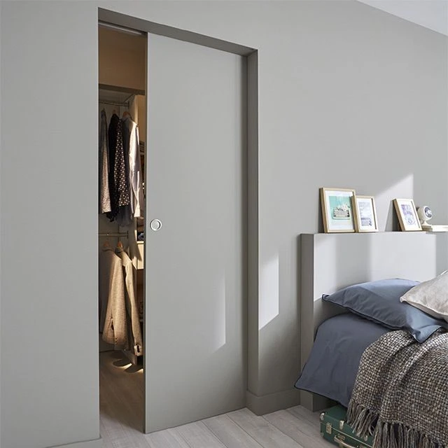Single pocket door opening into a bedroom walk in closet