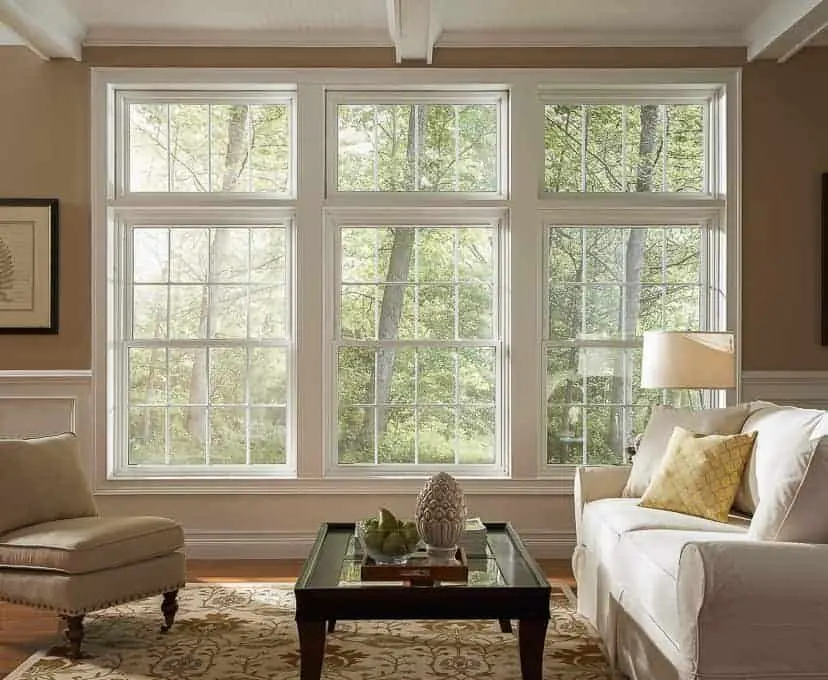 White double hung windows with divided light sashes in a traditional residential living room
