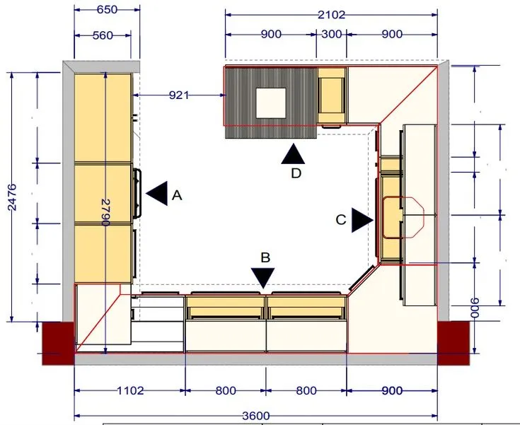 G shaped kitchen layout with dimensions